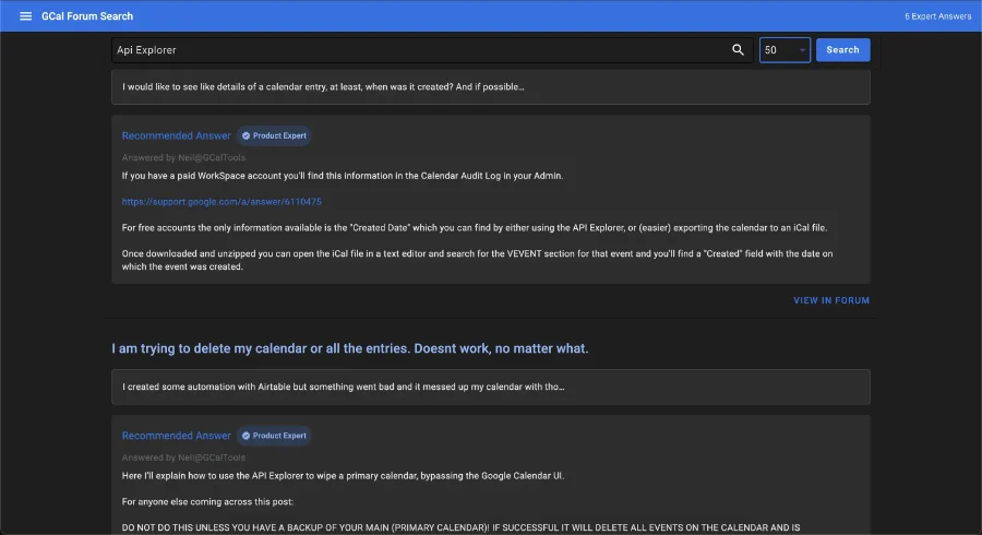 GCal Forum Search - Expert Answers Database
