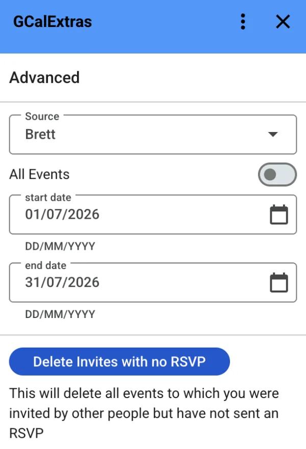 GCalExtras Advanced screen with delete all events in range and delete invites with no RSVP