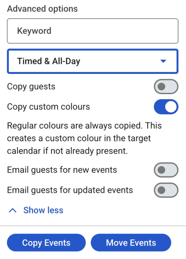 GCalExtras Copy/Move advanced options: keyword filter, copy guests, copy custom colours