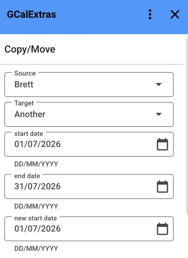 GCalExtras Copy/Move screen with source, target and date range fields