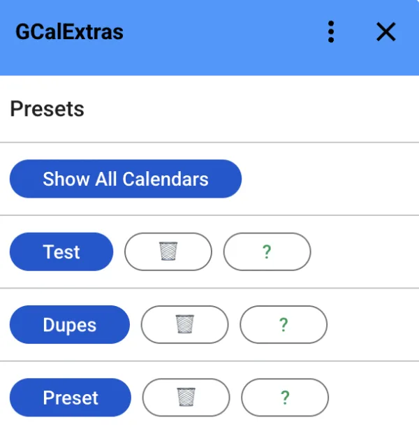 GCalExtras Presets screen with saved calendar groups and Show All Calendars