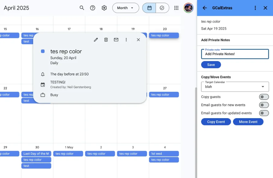 GCalExtras side panel in Google Calendar showing private notes and copy/move events