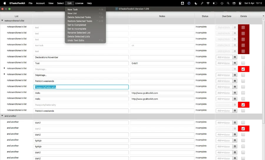 GTasksToolkit desktop app showing task lists, notes, due dates and bulk actions