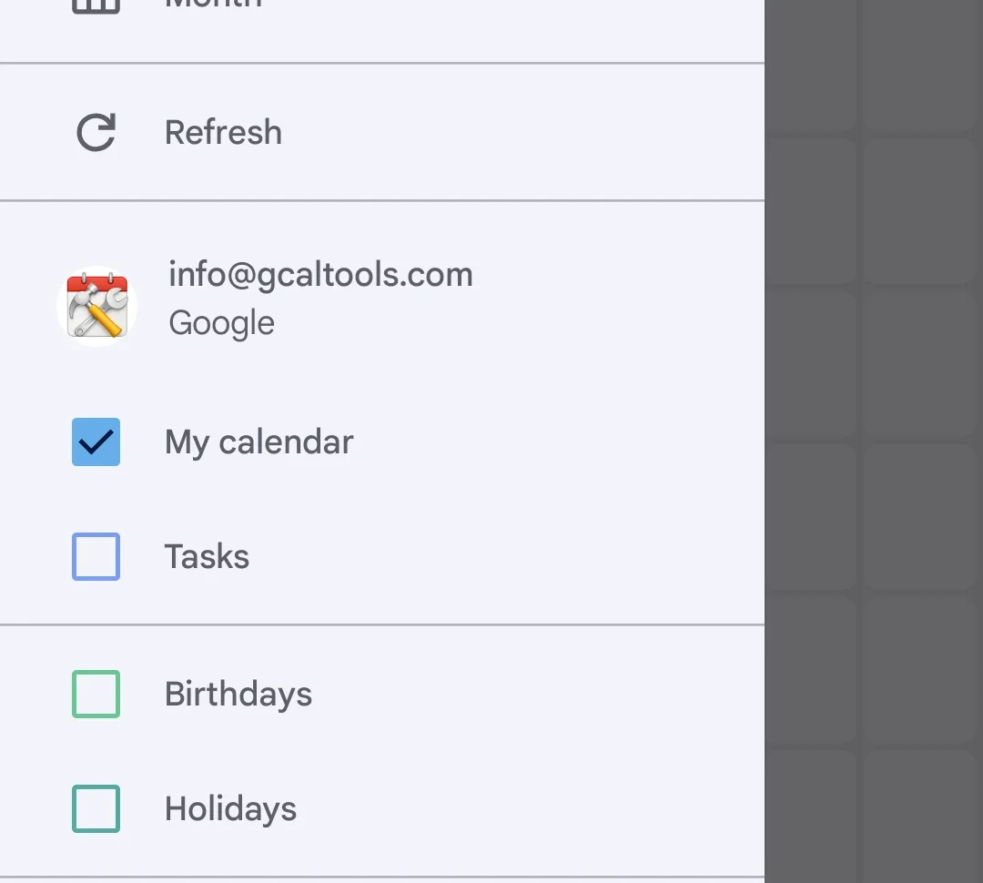 The app's menu, where the account lists only My calendar