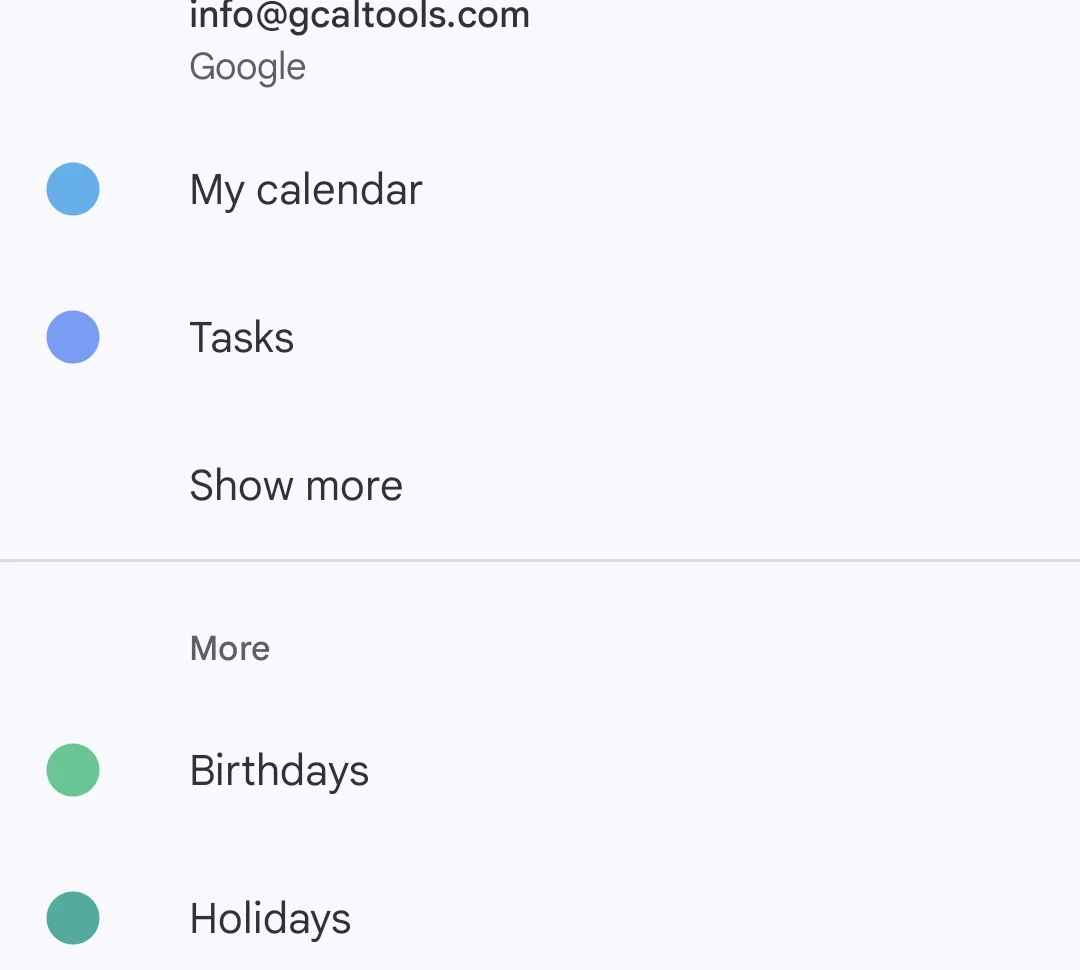 Settings, with the account's My calendar, Tasks and Show more