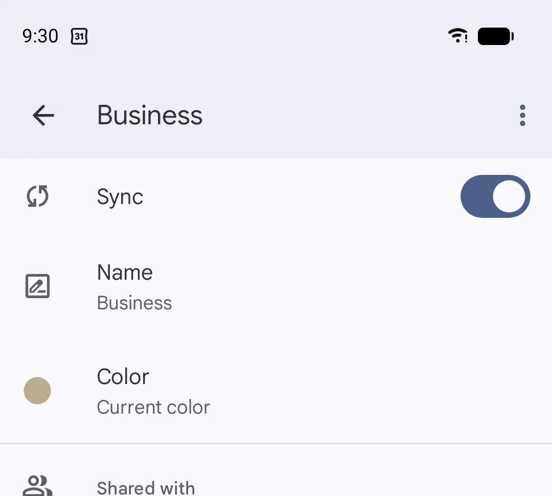 Business's settings with Sync switched on