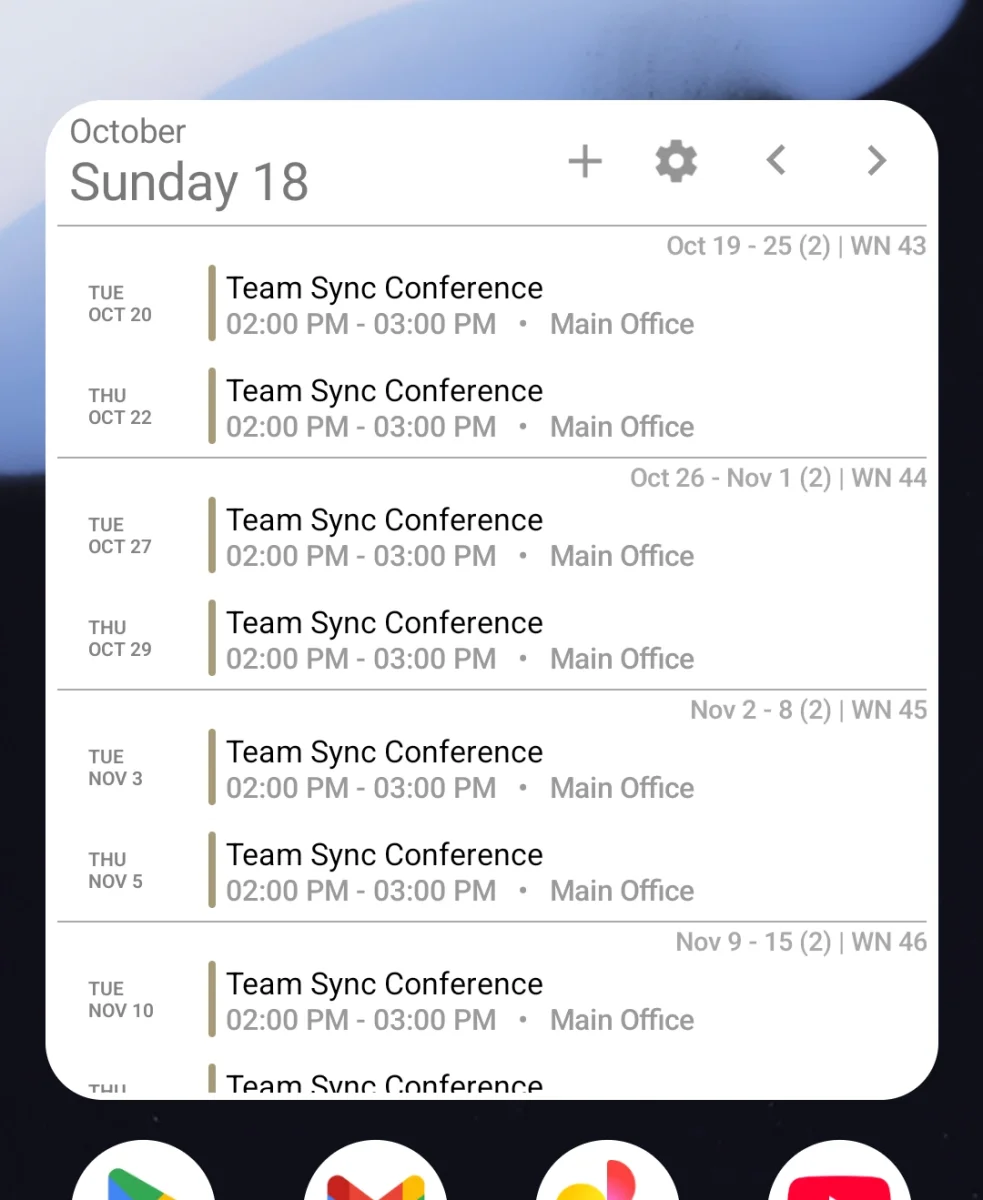 The widget listing Business's Team Sync Conference meetings