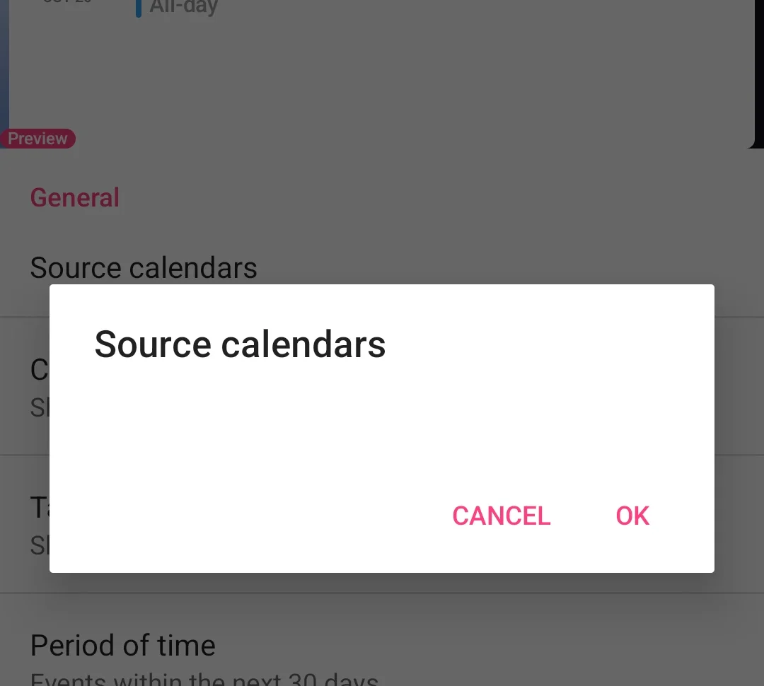 The widget's Source calendars dialog, empty