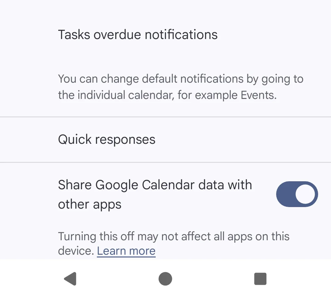 The setting "Share Google Calendar data with other apps" switched on