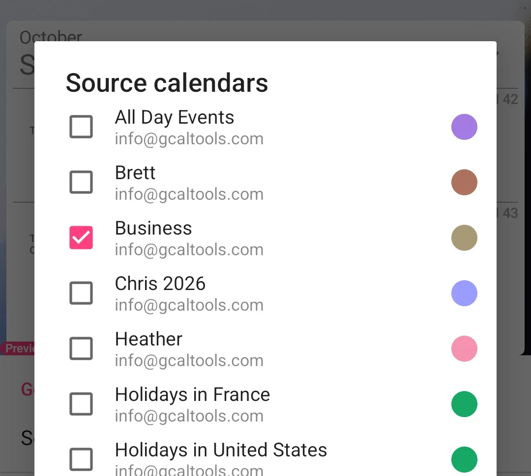 The widget's calendar list with Business ticked