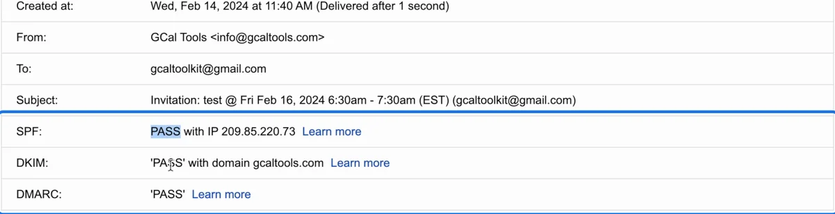 Show original for an invitation from info@gcaltools.com: SPF PASS, DKIM PASS with domain gcaltools.com, DMARC PASS