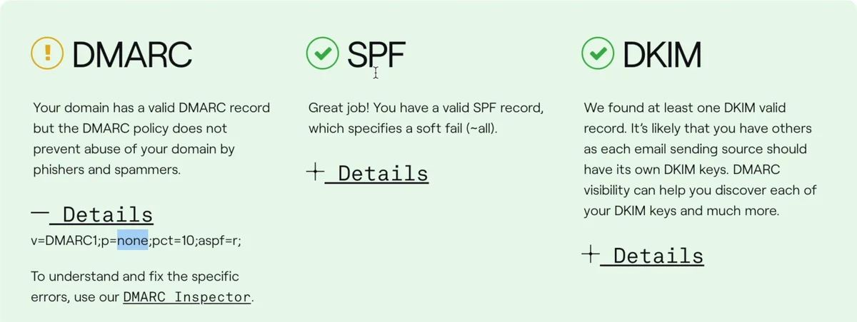 dmarcian's Domain Checker: a valid DMARC record with p=none, and valid SPF and DKIM