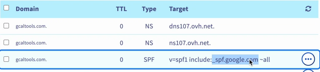 The DNS zone at OVHcloud with the SPF record v=spf1 include:_spf.google.com ~all