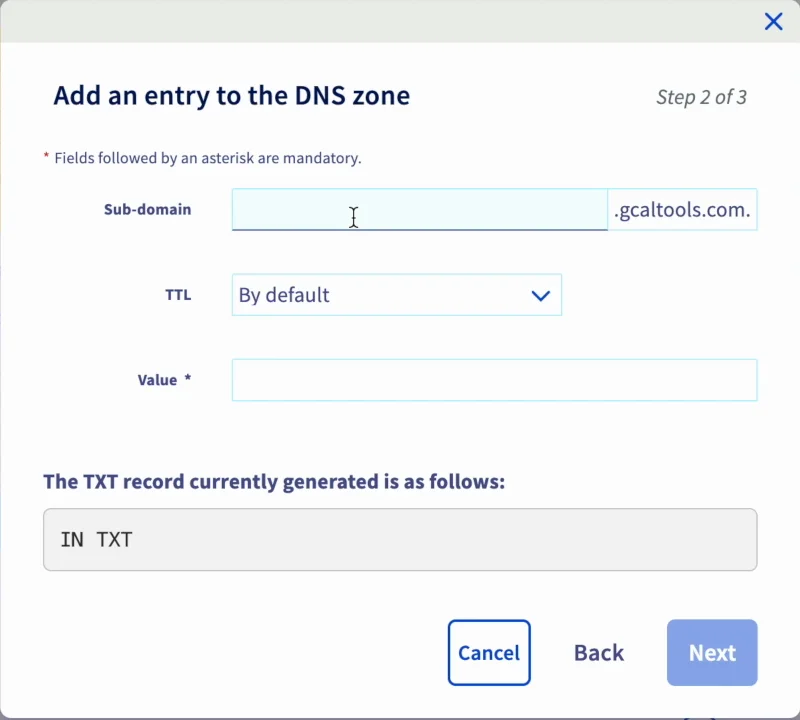 OVHcloud's Add an entry to the DNS zone, for a TXT record