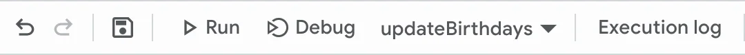 The script's toolbar with Run and updateBirthdays selected