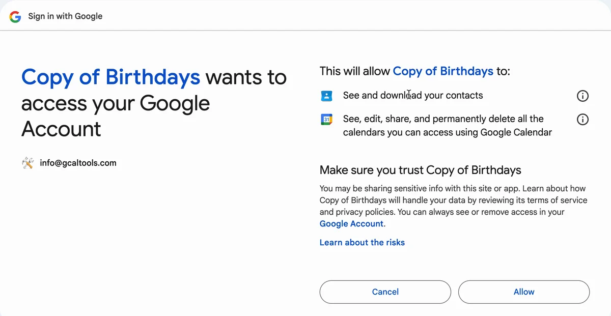 Copy of Birthdays asking to see and download your contacts and to see and edit your calendars