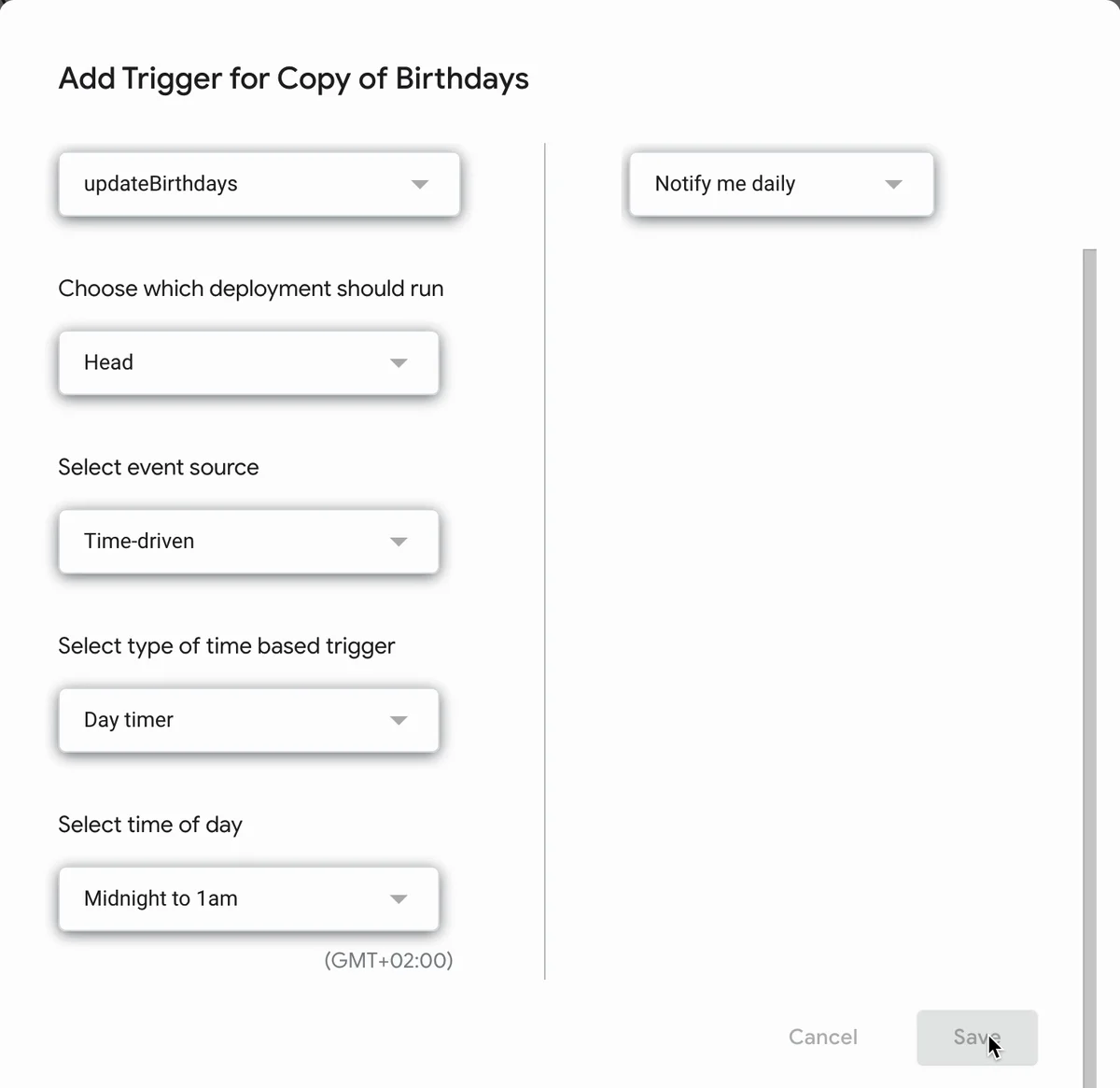 Add Trigger with updateBirthdays, Time-driven, Day timer and Midnight to 1am