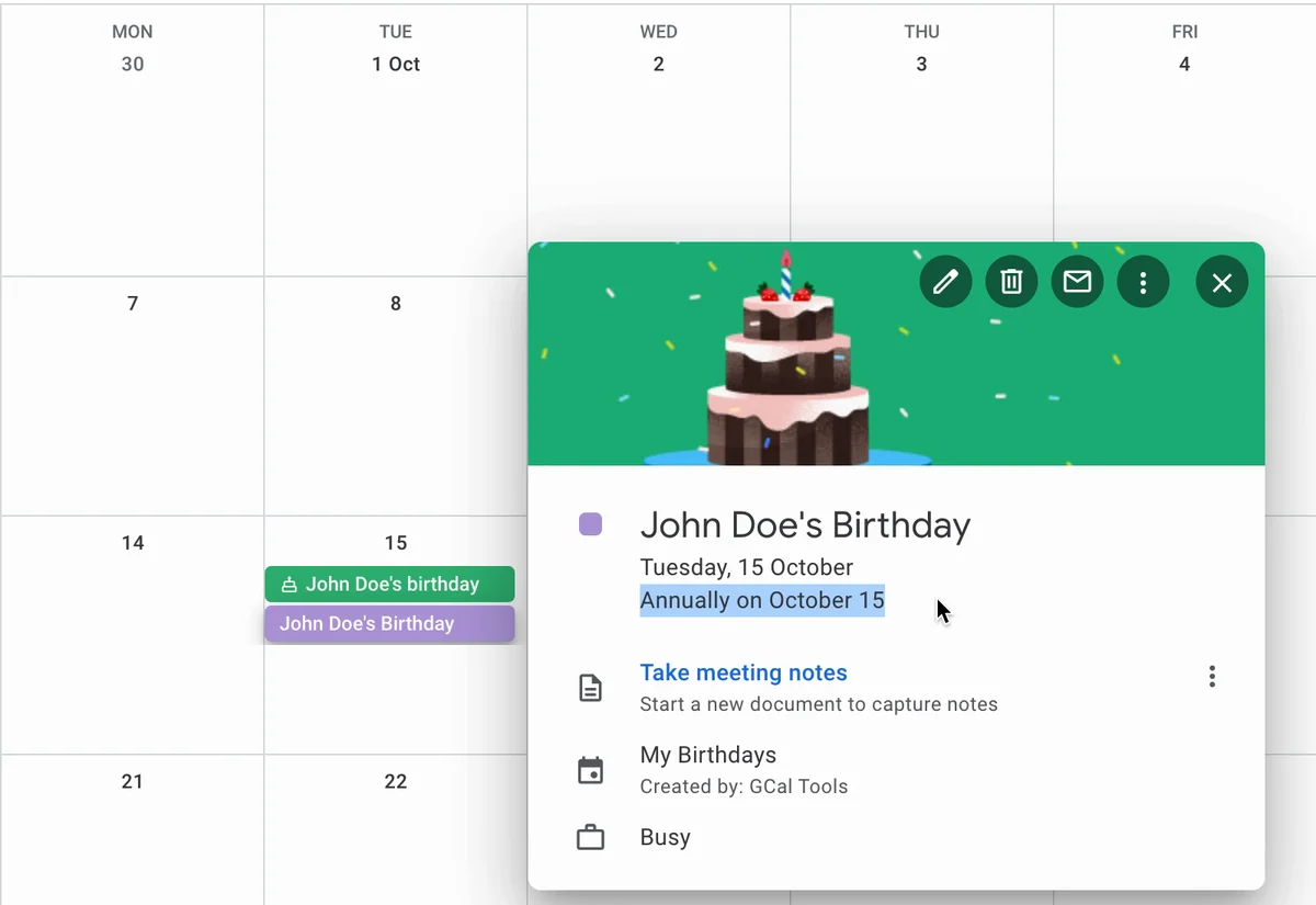 John Doe's Birthday on the My Birthdays calendar, repeating annually on October 15