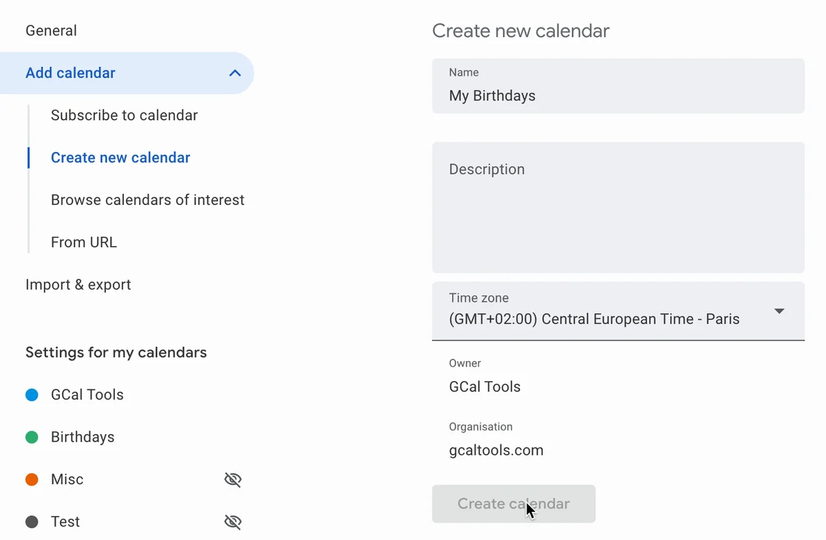 Create new calendar with the name My Birthdays