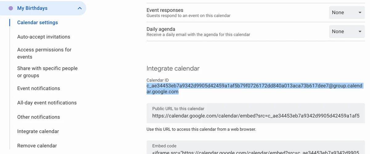The My Birthdays calendar's Integrate calendar section with its Calendar ID selected