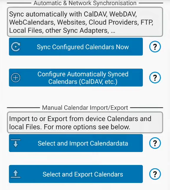Calendar Sync's main screen with Select and Export Calendars