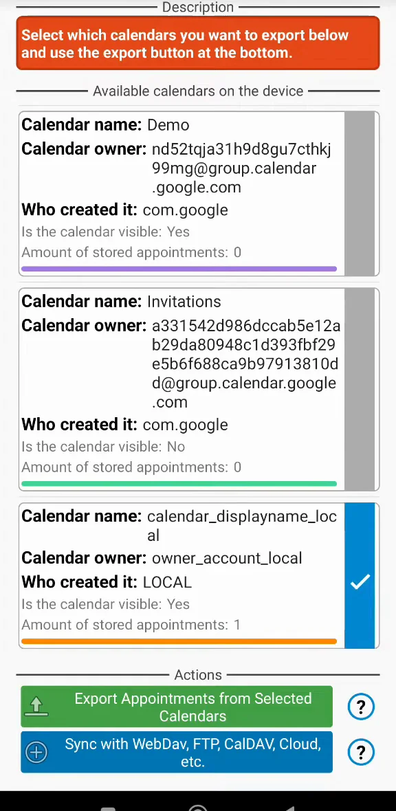 The list of calendars on the device, with calendar_displayname_local selected
