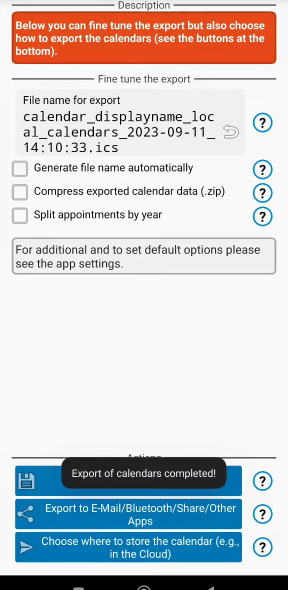 The export options, with Export of calendars completed!