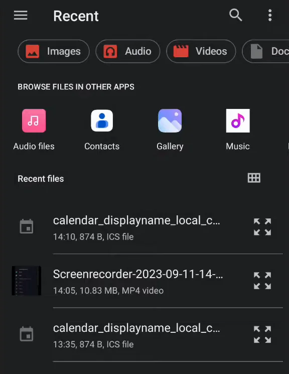The phone's recent files, with the exported calendar_displayname_local .ics file