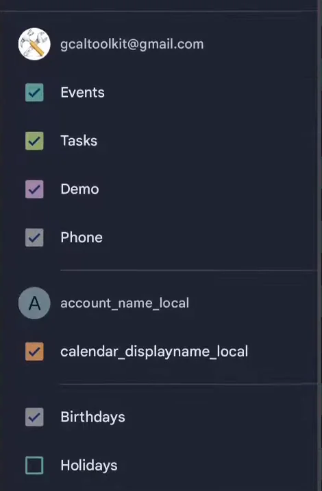 The Google Calendar app's menu, with calendar_displayname_local under a local account