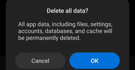 Delete all data? confirming that Calendar storage's data will be deleted