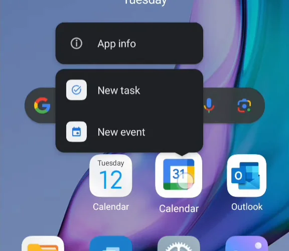 The Calendar icon's menu with App info