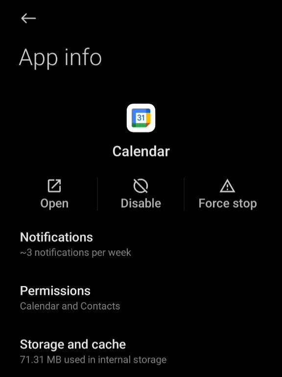 Google Calendar's App info with Force stop and Storage and cache