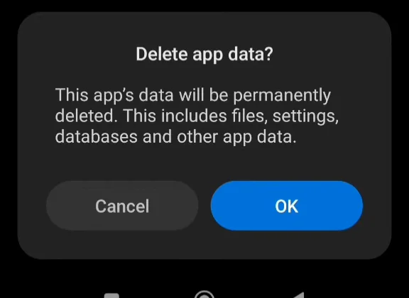 Delete app data? confirming that the app's data will be deleted