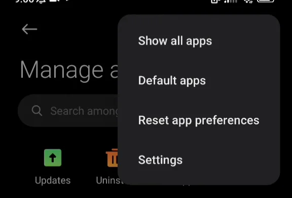 The Manage apps menu with Show all apps
