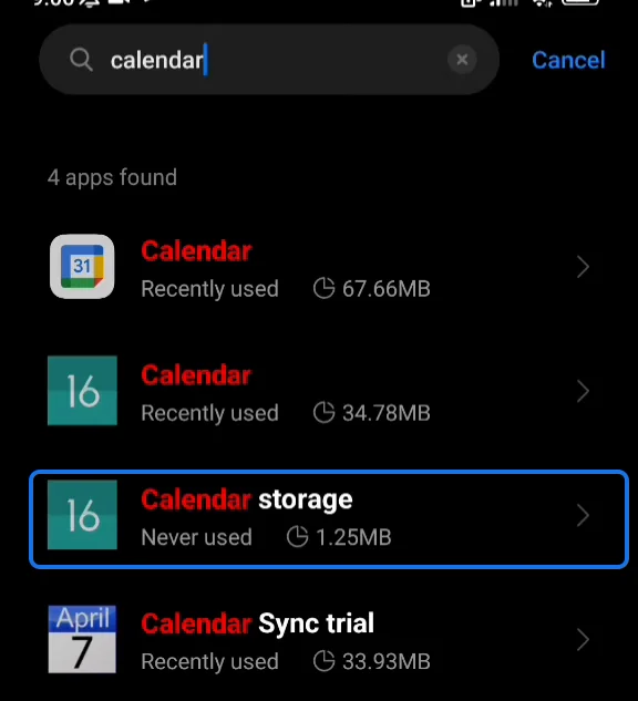 Searching for calendar, with Calendar storage highlighted among the results