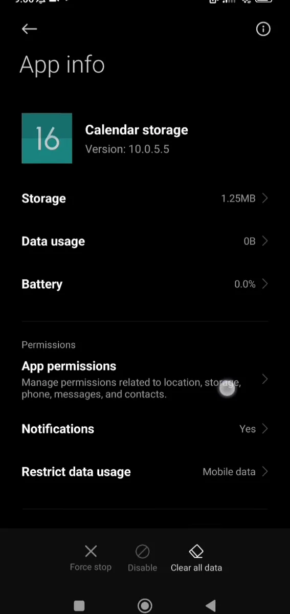 Calendar storage's App info with Force stop and Clear all data at the bottom