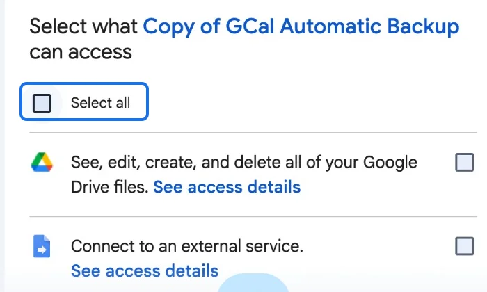 The access screen with Select all, for Drive and for connecting to an external service