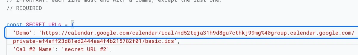 The first calendar line filled in, named Demo, with its secret address