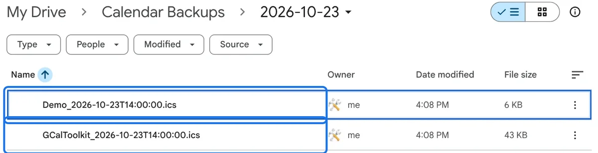 The day's folder in Calendar Backups, with an .ics file for Demo and for GCalToolkit