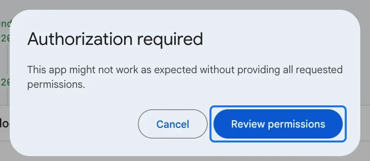 Authorization required, with its Review permissions button