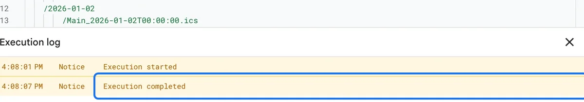 The execution log with Execution completed