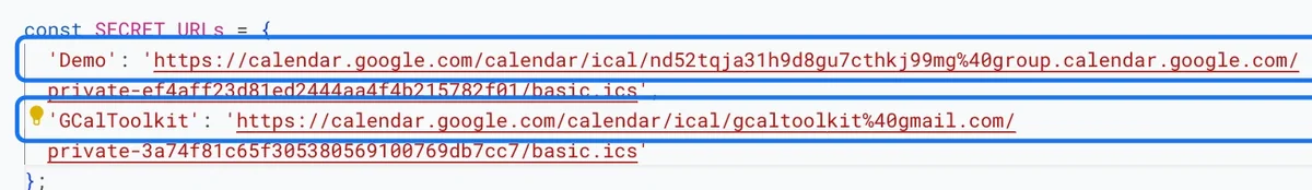 Two calendars, Demo and GCalToolkit, with the third line deleted