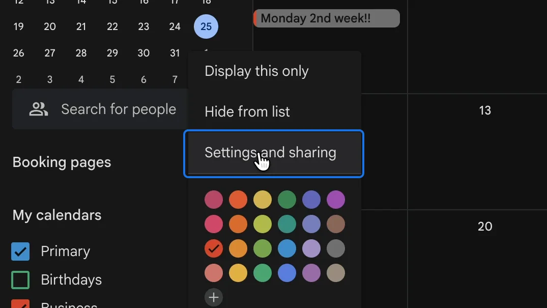 The options of the Business calendar, with Settings and sharing