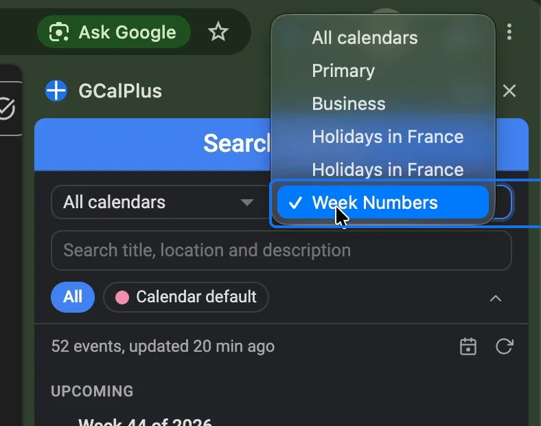 GCalPlus listing the calendar Week Numbers