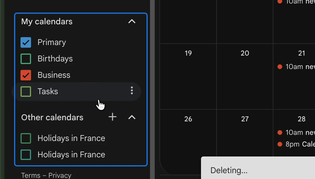 My calendars and Other calendars in Google Calendar, without Week Numbers