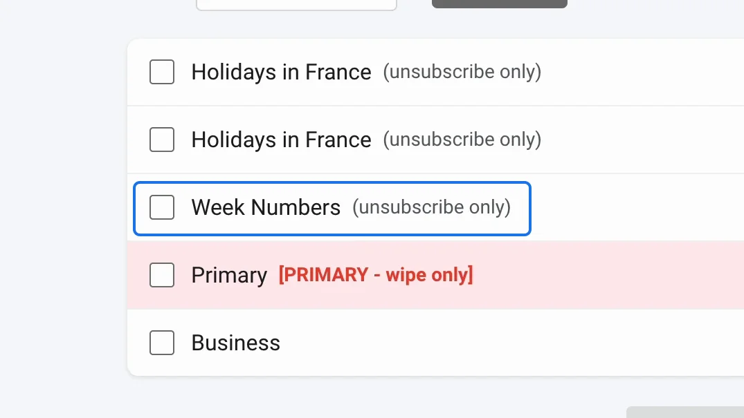 Week Numbers marked unsubscribe only, among the listed calendars