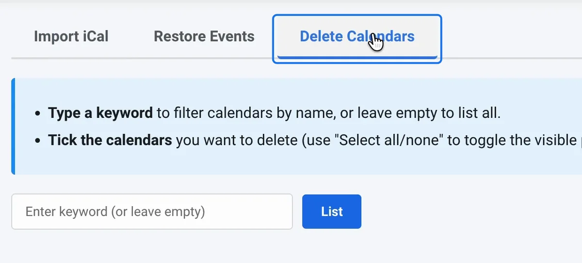 The Delete Calendars tab and the List button