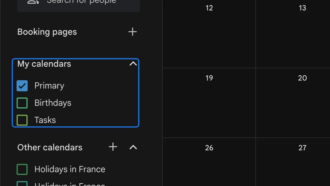 My calendars with Primary, Birthdays and Tasks, and no Business