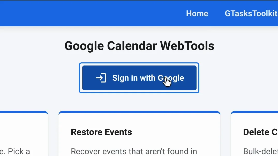 Google Calendar WebTools with the button Sign in with Google