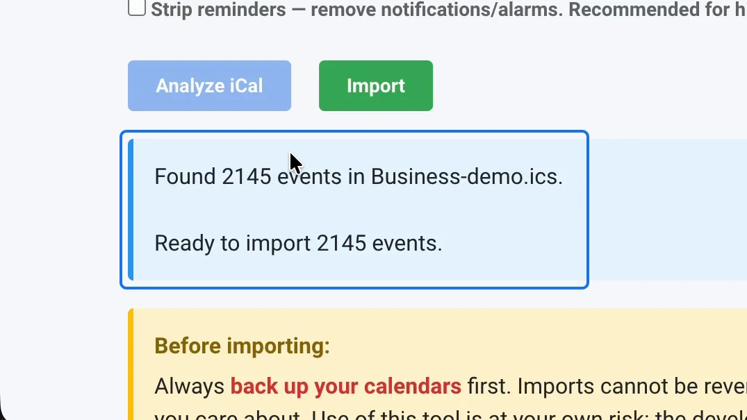 Found 2145 events in Business-demo.ics. Ready to import 2145 events.